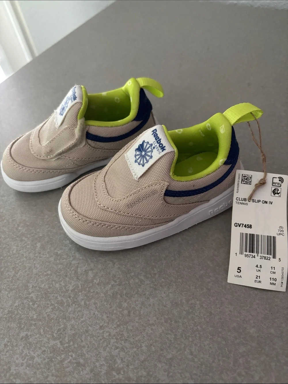 Reebok Baby/Toddler Slip-On Sneakers in Beige with Neon Green Accents-Brand New!